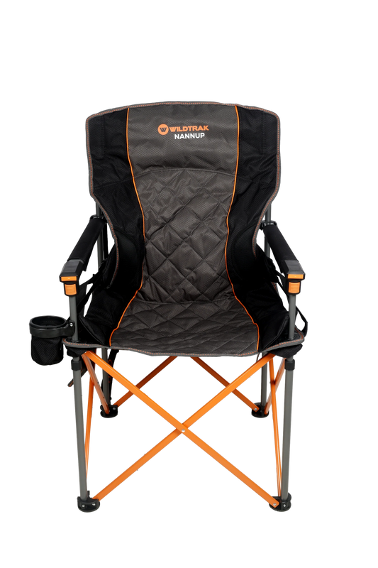 Nannup Deluxe Foldable Camp Chair, Cushioned Adjustable Lumbar Support, Wine Glass Holder, Media Storage Pocket, Zippered Storage Pocket for Carry Bag with Shoulder Strap, Weight Rated 200kg Camping and Events