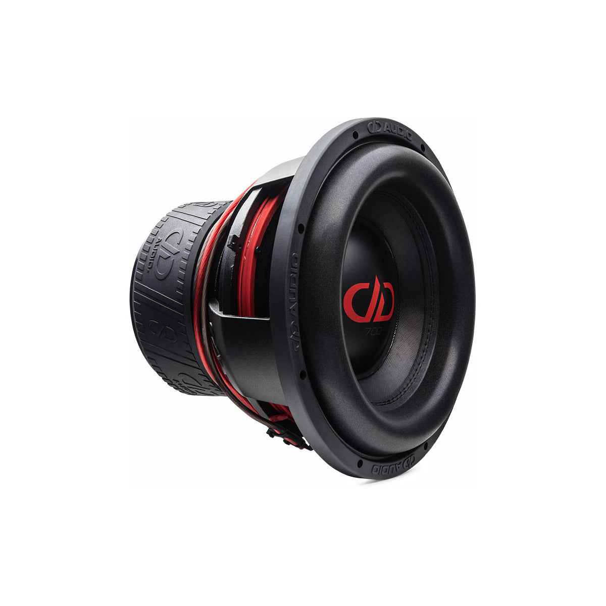 DD Audio 12 inch subwoofer with black cone and red accents for powerful bass sound