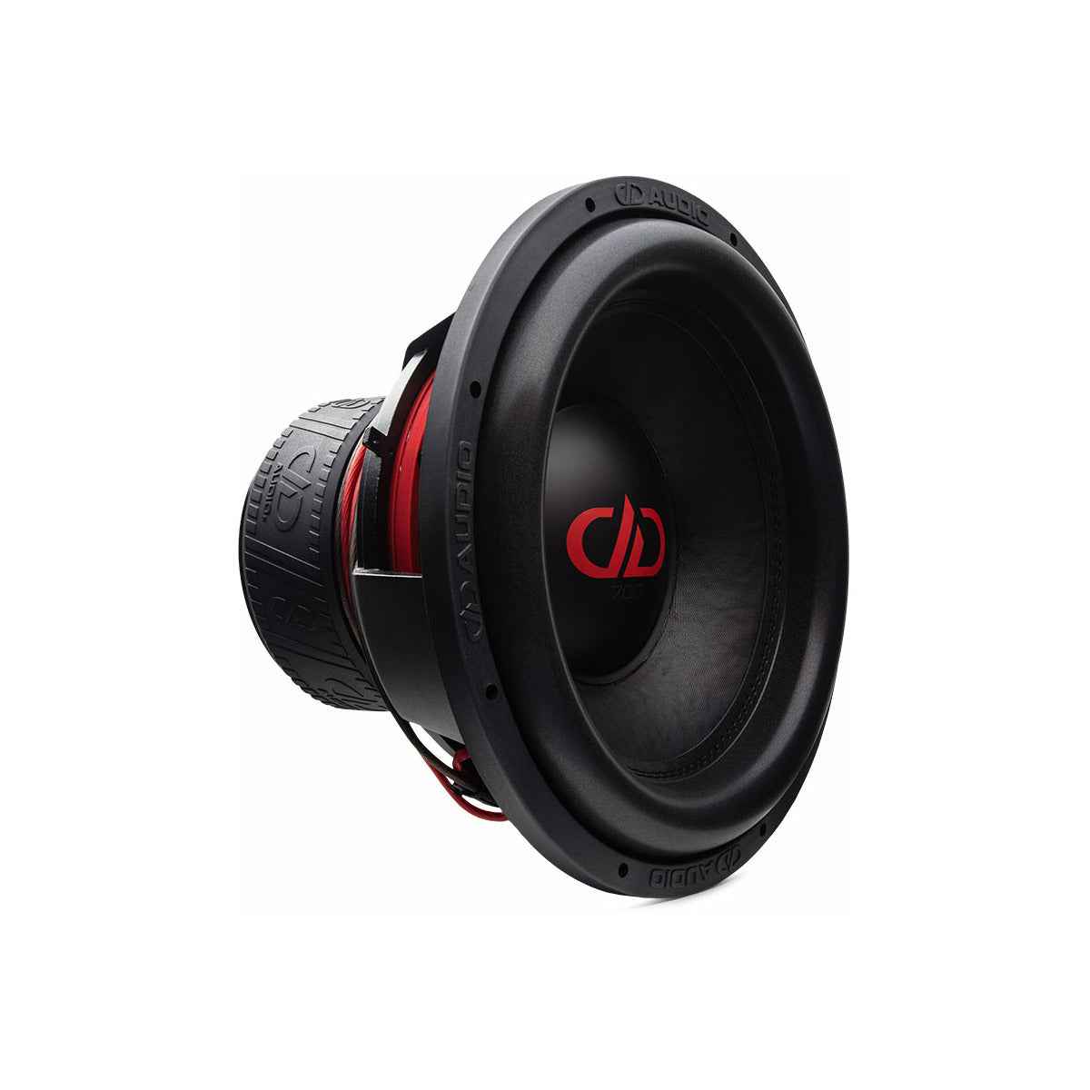 DD Audio 15 inch subwoofer with black cone and red logo for powerful bass performance