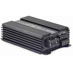 DD Audio 4 channel amplifier with black heat sink design and multiple speaker connection ports