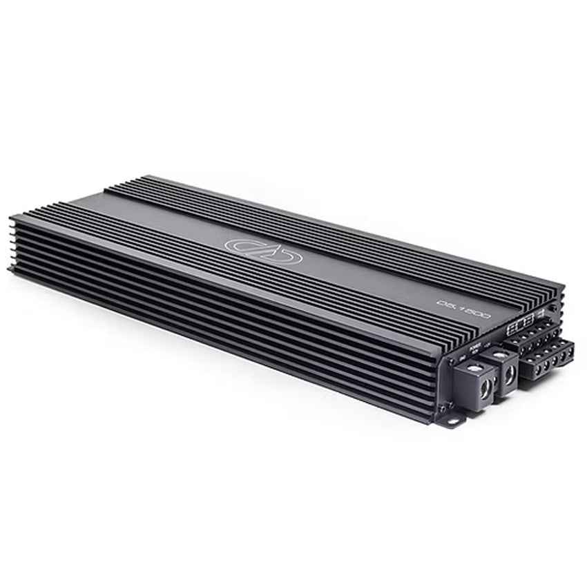 DD Audio 5 channel amplifier black compact design with cooling fins and multiple input outputs