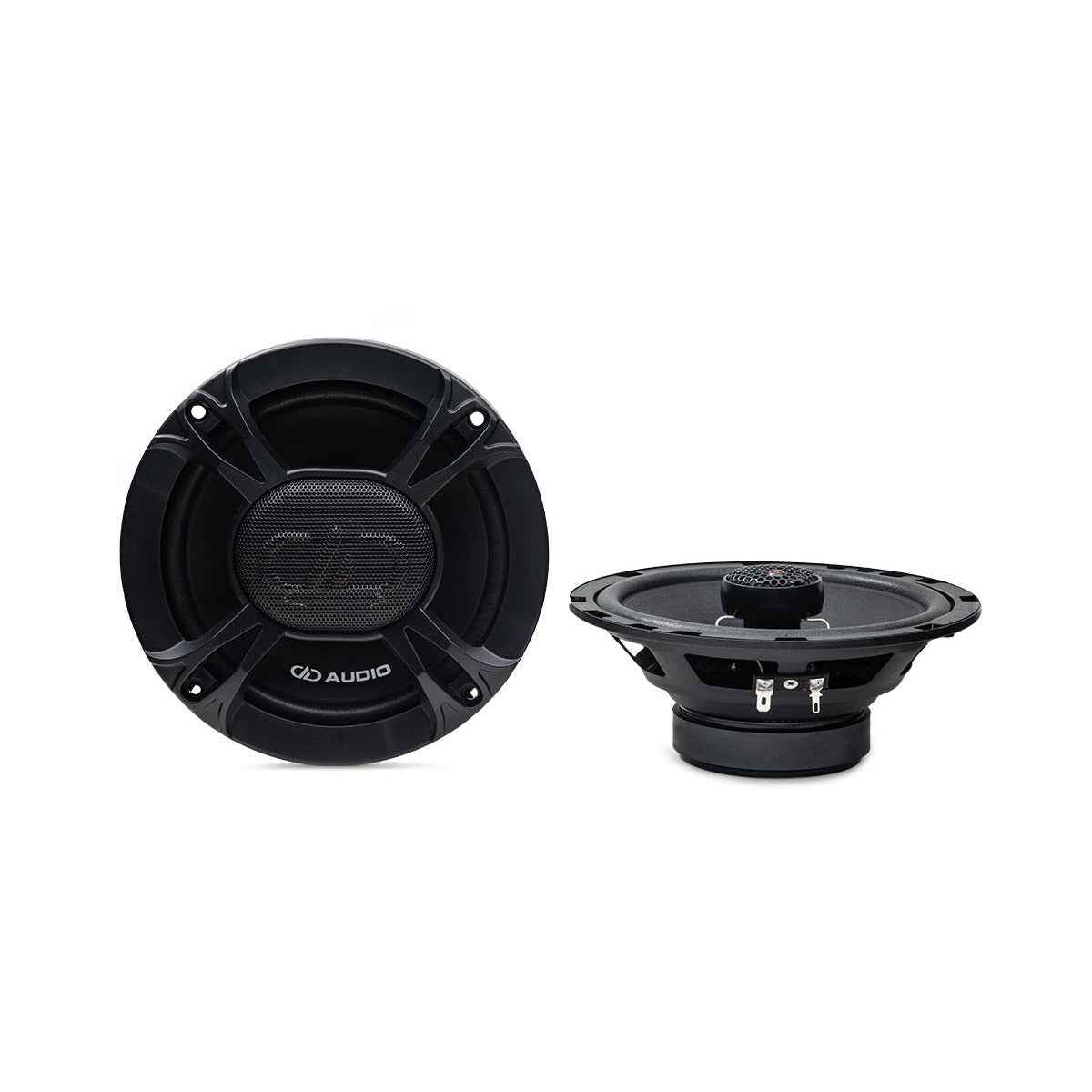 DD Audio 6 inch coaxial speakers in black showing front and side views with logo