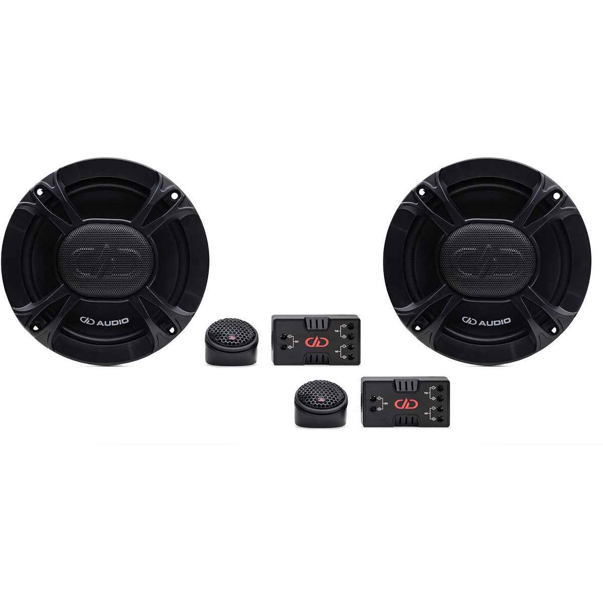 DD Audio 6.5 component speakers set including two black woofers, two tweeters, and two crossovers