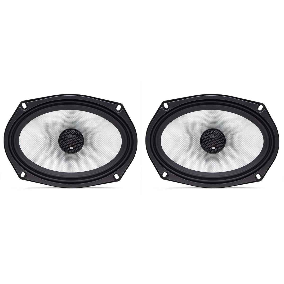 Pair of DD Audio 6x9 speakers coaxial car audio speakers with black trim and silver cones