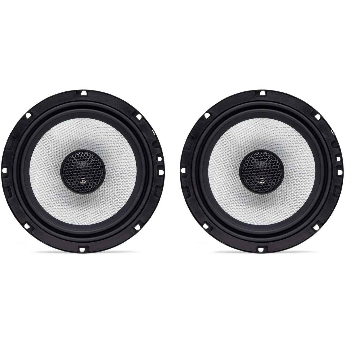 Pair of DD Audio Coaxial 6.5 inch speakers with black surround and silver cone design