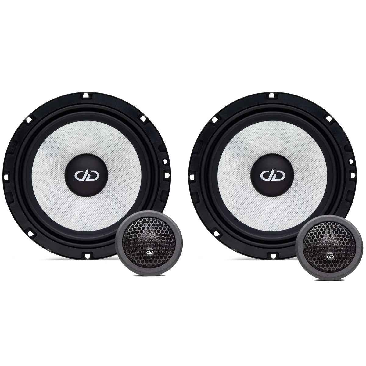 Pair of 6 inch DD Audio Component speakers with black surrounds and silver speaker cones