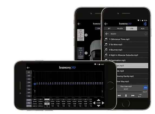 Harmony DSP 10CH with 8 x 35RMS amp interface displayed on two smartphones showing sound control options