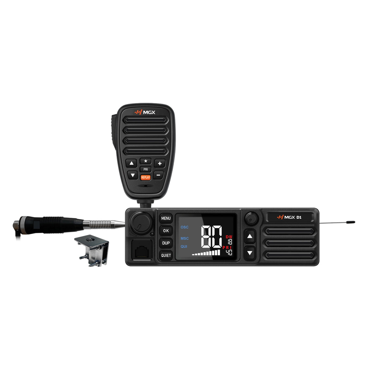 Genuine MGX D1 PRO radio and supplied components - product photograph
