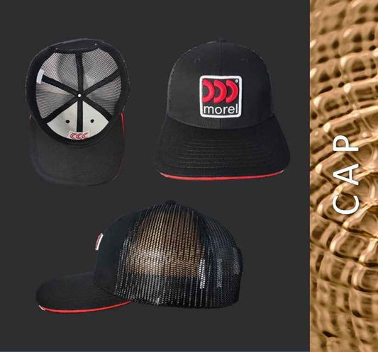 Morel Cap black trucker hat with red accent and mesh back shown from front, side, and inside views