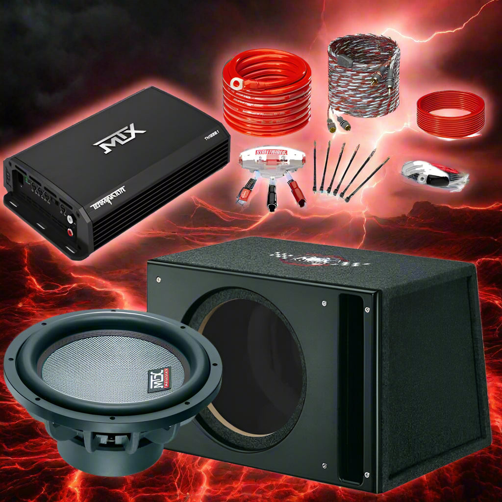 MTX Sub and Amp Pack 3 with subwoofer, amplifier, and installation accessories for enhanced audio performance