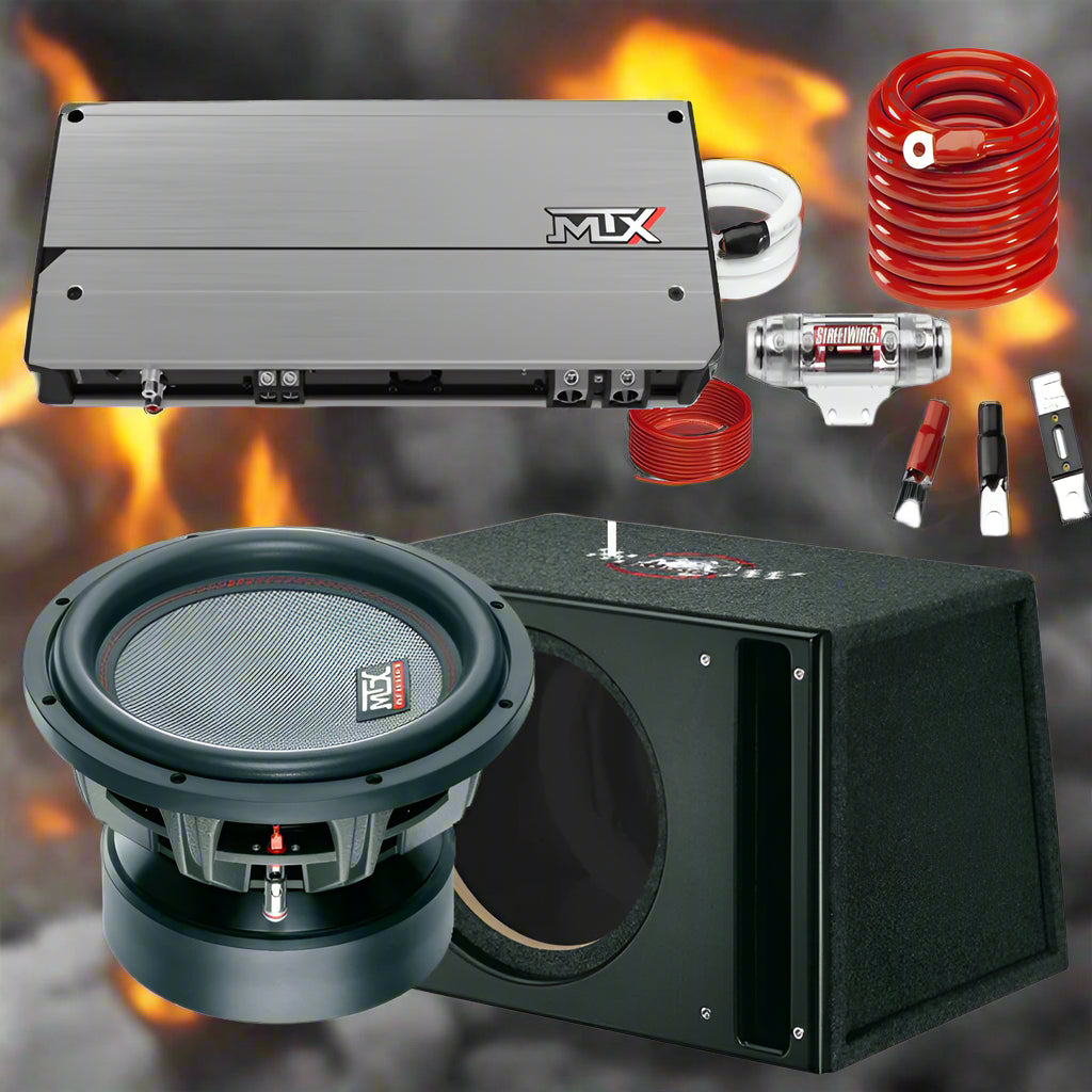 MTX Sub and Amp Pack 4 with subwoofer, amplifier, wiring kit, and enclosure for powerful audio performance