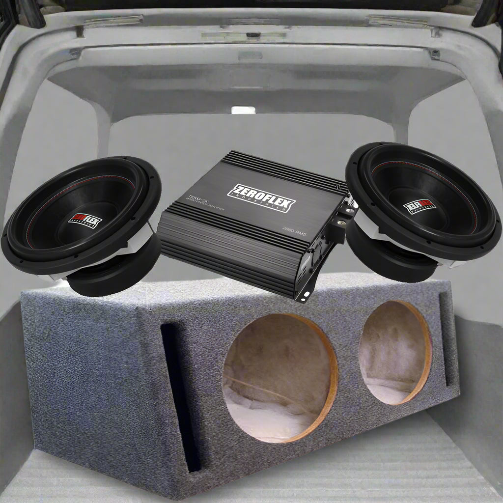 Zeroflex twin 12s bundle dual 12 inch subwoofers with gray ported enclosure and black amplifier in car trunk