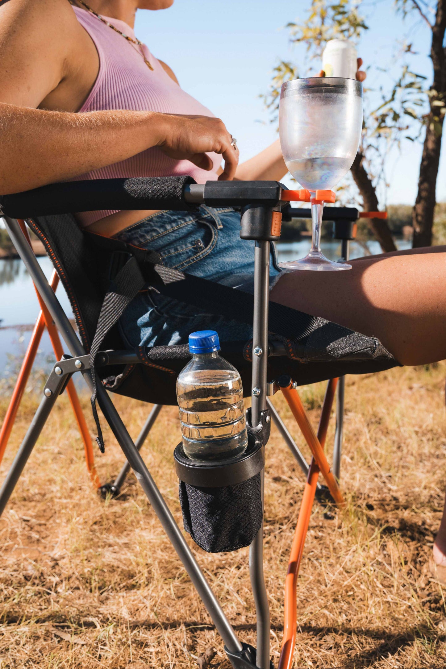 Yamba Solid Arm Camp Chair with Lumbar Support, Wine Glass Holder, Carry Bag with Shoulder Strap, Weight Rated 200kg Camping and Events