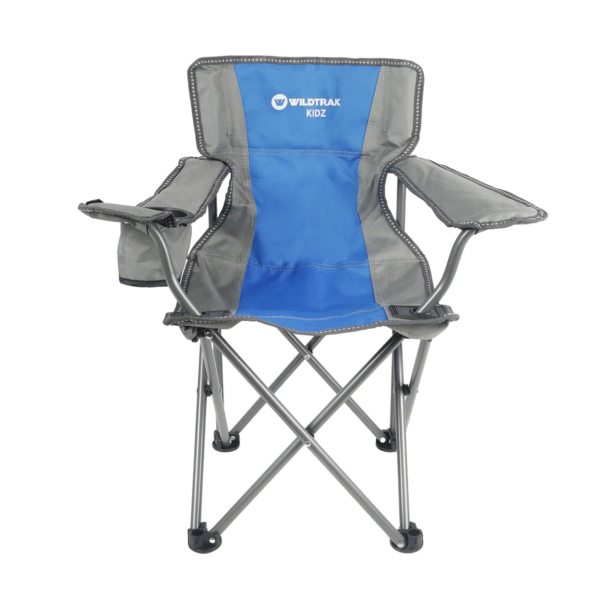 KIDS Camp Chair, Blue/Grey Foldable, Easy Clean Fabric, Drink Holder, Weight Rated 100kg, Carry Bag with Shoulder Strap