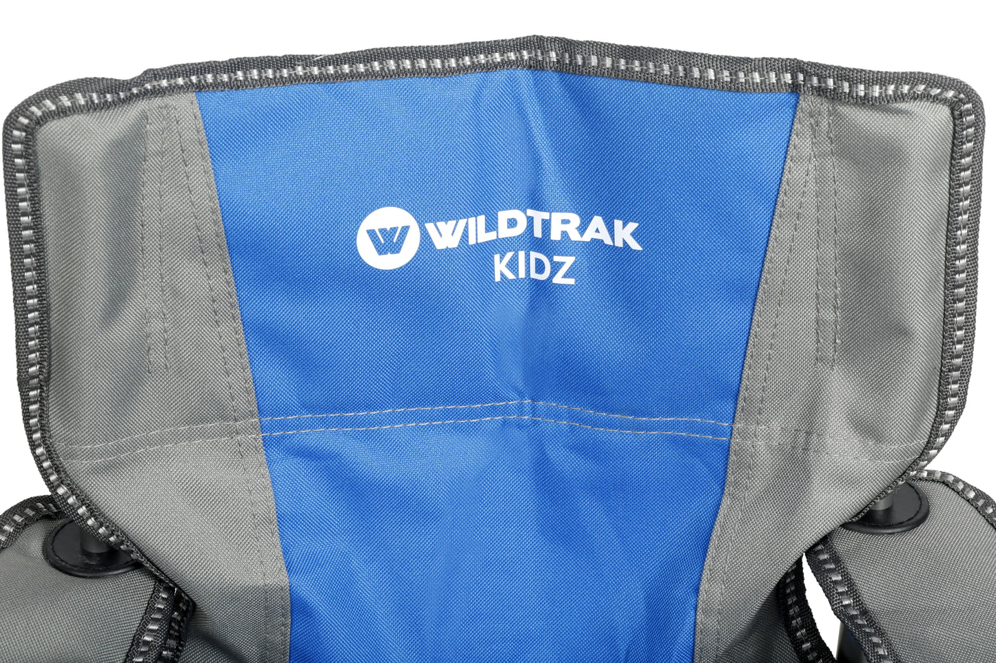 KIDS Camp Chair, Blue/Grey Foldable, Easy Clean Fabric, Drink Holder, Weight Rated 100kg, Carry Bag with Shoulder Strap