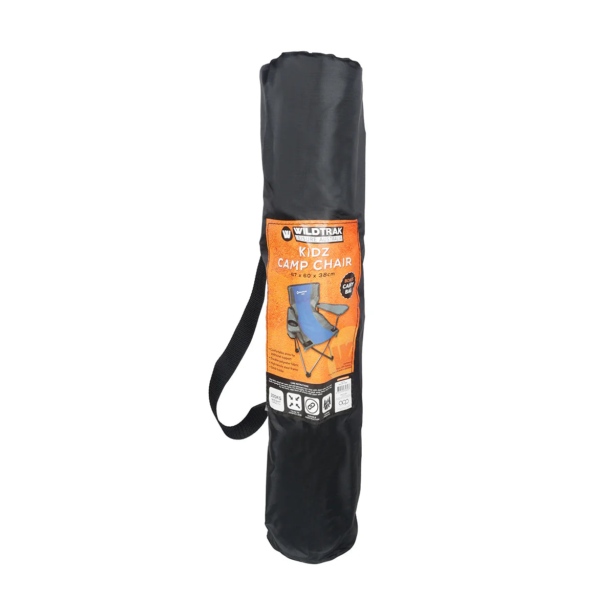 KIDS Camp Chair, Blue/Grey Foldable, Easy Clean Fabric, Drink Holder, Weight Rated 100kg, Carry Bag with Shoulder Strap