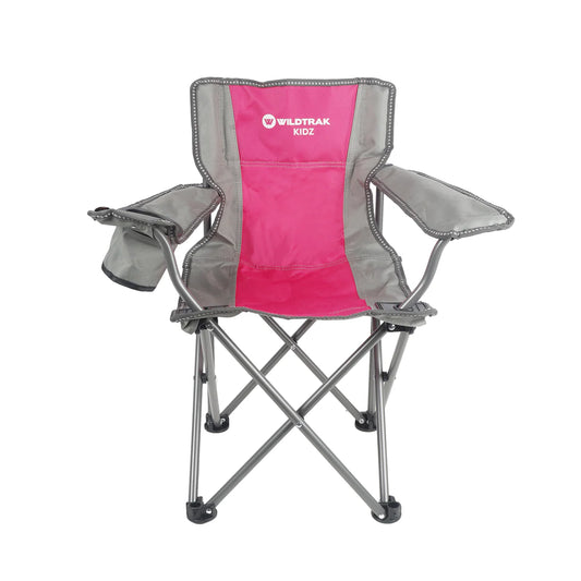 KIDS Camp Chair, Pink/Grey Foldable, Easy Clean Fabric, Drink Holder, Locking Device to Secure Legs into Place, Weight Rated 100kg, Carry Bag with Shoulder Strap