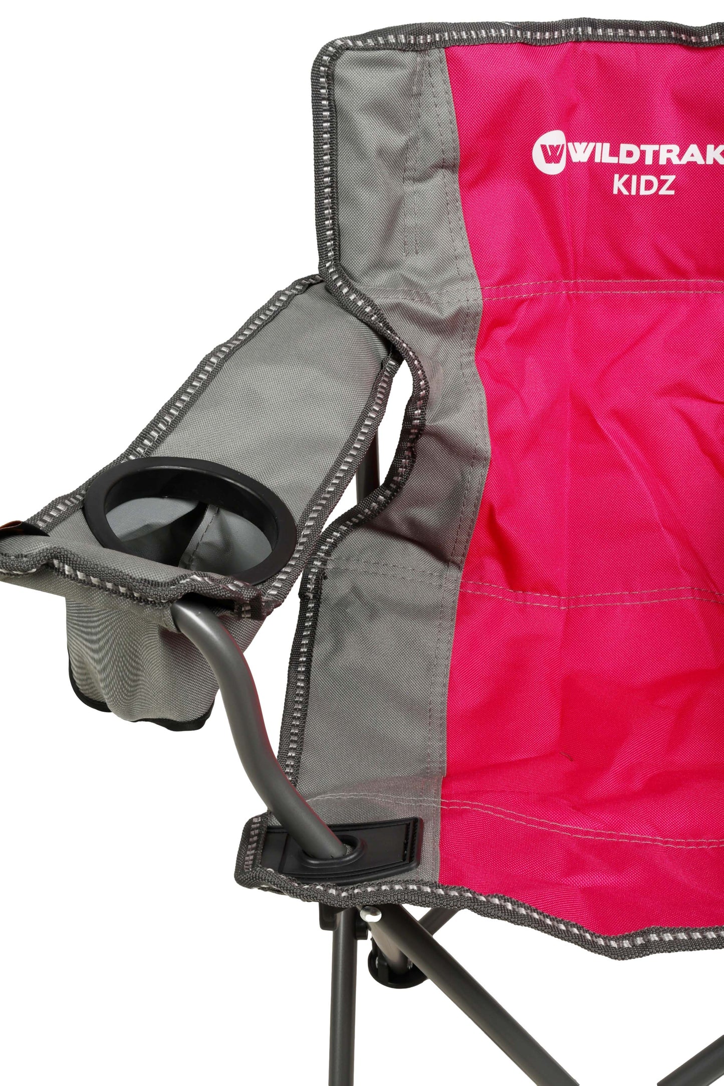 KIDS Camp Chair, Pink/Grey Foldable, Easy Clean Fabric, Drink Holder, Locking Device to Secure Legs into Place, Weight Rated 100kg, Carry Bag with Shoulder Strap