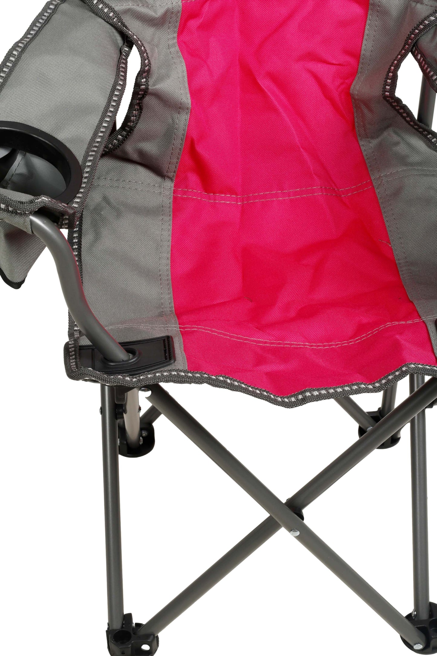 KIDS Camp Chair, Pink/Grey Foldable, Easy Clean Fabric, Drink Holder, Locking Device to Secure Legs into Place, Weight Rated 100kg, Carry Bag with Shoulder Strap