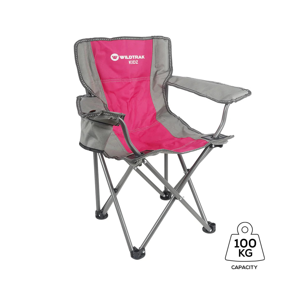 KIDS Camp Chair, Pink/Grey Foldable, Easy Clean Fabric, Drink Holder, Locking Device to Secure Legs into Place, Weight Rated 100kg, Carry Bag with Shoulder Strap