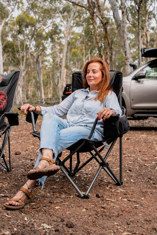 Yardie Deluxe Foldable Arm Chair with Shoulder Strap, Built-in Cooler Storage, Drink Holder, Wine Glass Holder