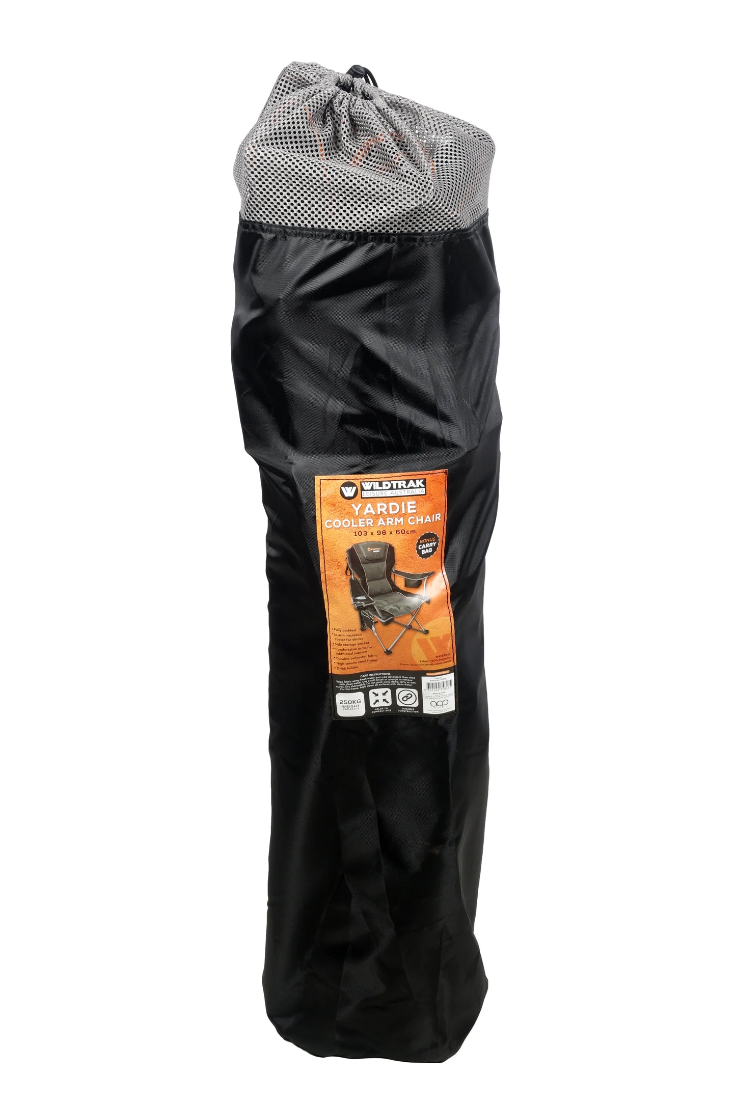 Yardie Deluxe Foldable Arm Chair with Shoulder Strap, Built-in Cooler Storage, Drink Holder, Wine Glass Holder