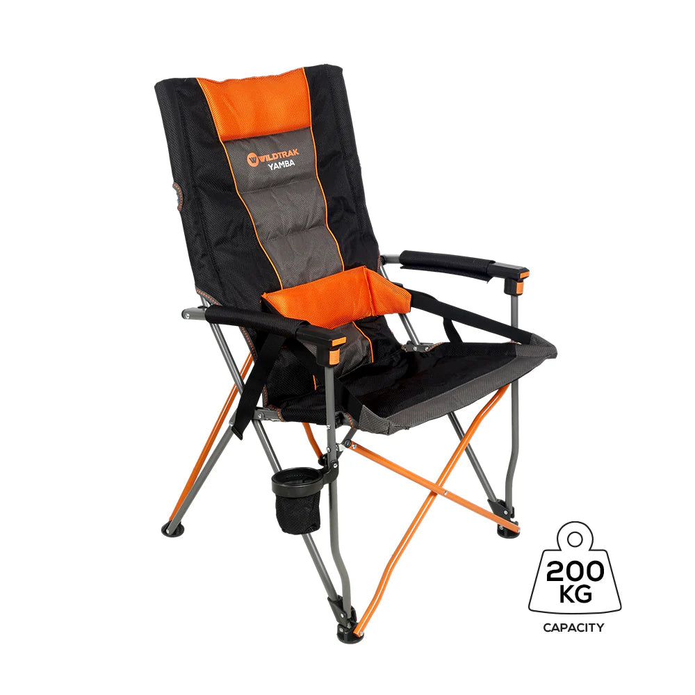 Yamba Solid Arm Camp Chair with Lumbar Support, Wine Glass Holder, Carry Bag with Shoulder Strap, Weight Rated 200kg Camping and Events