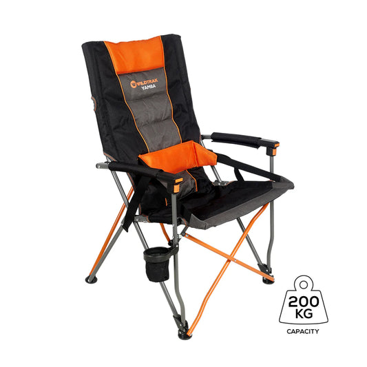 Yamba Solid Arm Camp Chair with Lumbar Support, Wine Glass Holder, Carry Bag with Shoulder Strap, Weight Rated 200kg Camping and Events