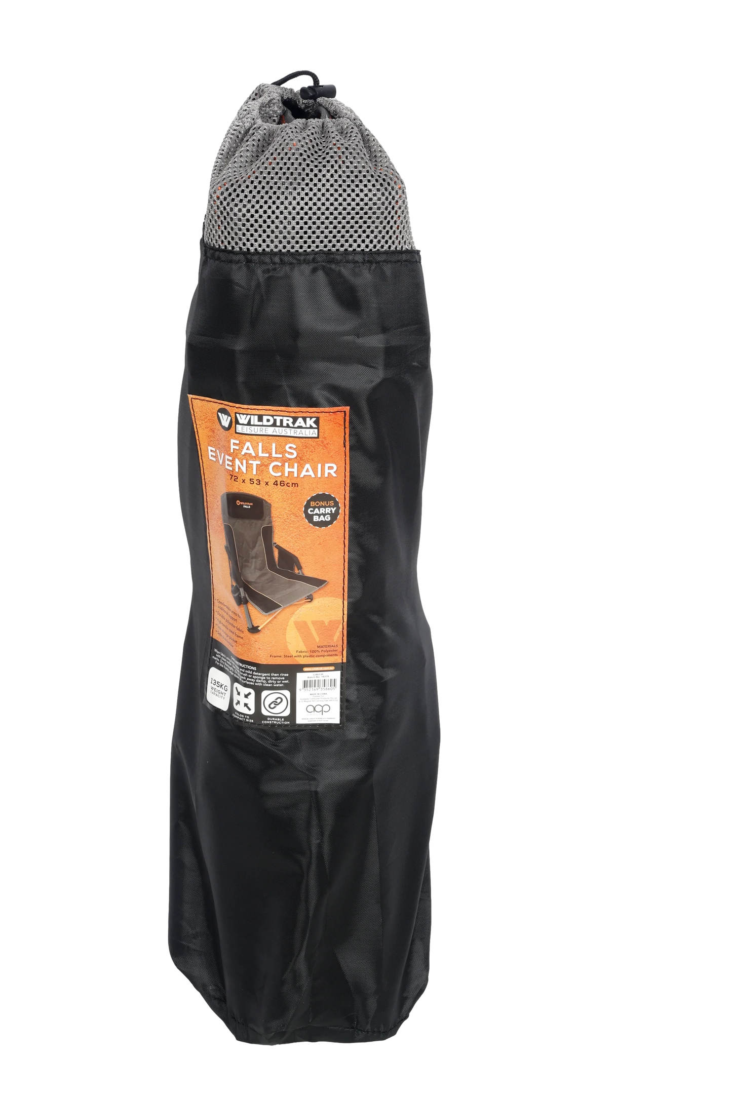 Falls Event Camp Chair, Foldable, Slight Recline, Cushioned, High Back, Drink Holder, Media Storage Pocket, Padded Arms, Low Rise, Weight Rated 135kg, Carry Bag with Shoulder Strap