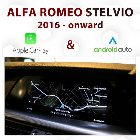 Android Auto Apple CarPlay Integration For Alfa Romeo in a car dashboard display with navigation map