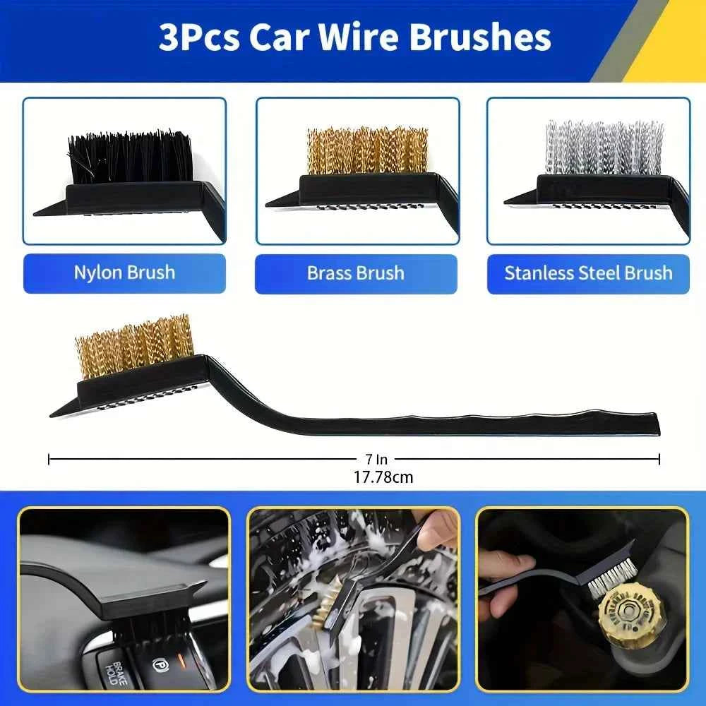 3-piece car wire brushes including nylon, brass, and stainless steel for effective cleaning in a car wash kit