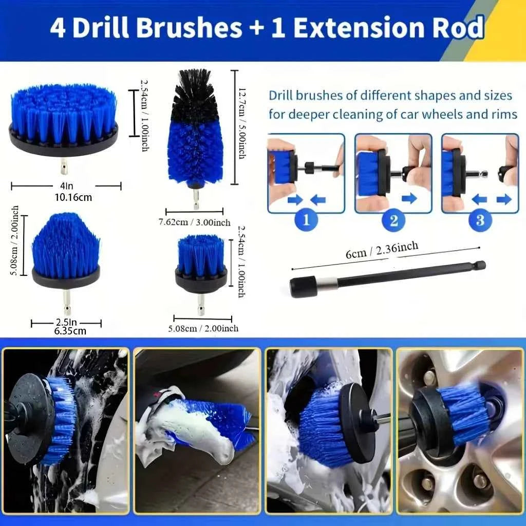 Garage Audio Car Wash Kit featuring 4 drill brushes and 1 extension rod for effective wheel cleaning