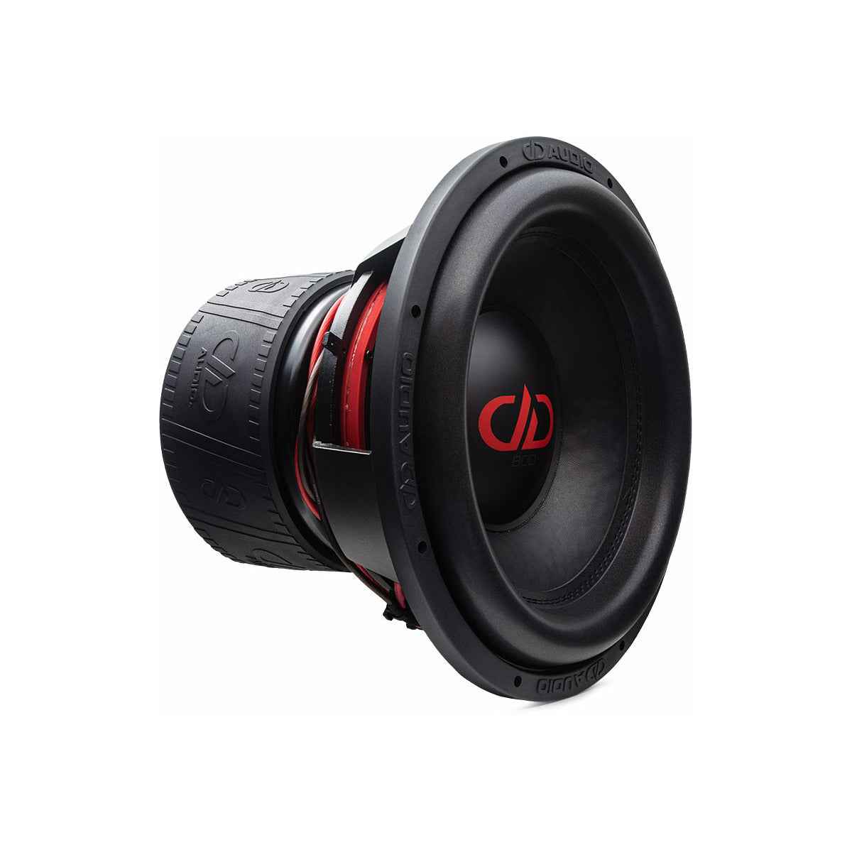 DD Audio 15 inch subwoofer with black and red design for powerful bass performance