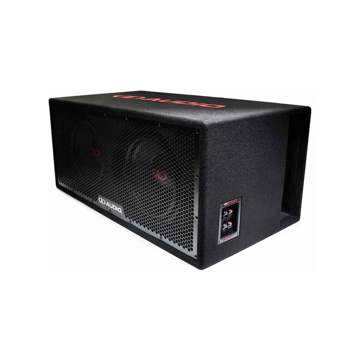 DD Audio double 12 inch subwoofers dual 12s in black enclosure with metal grille and side handles