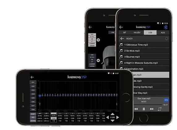 Harmony DSP 10CH with 8 x 35RMS amp interface displayed on two smartphones showing sound control options