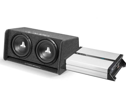 JL Audio Bass Junkie Pack featuring dual subwoofers and amplifier in custom enclosure