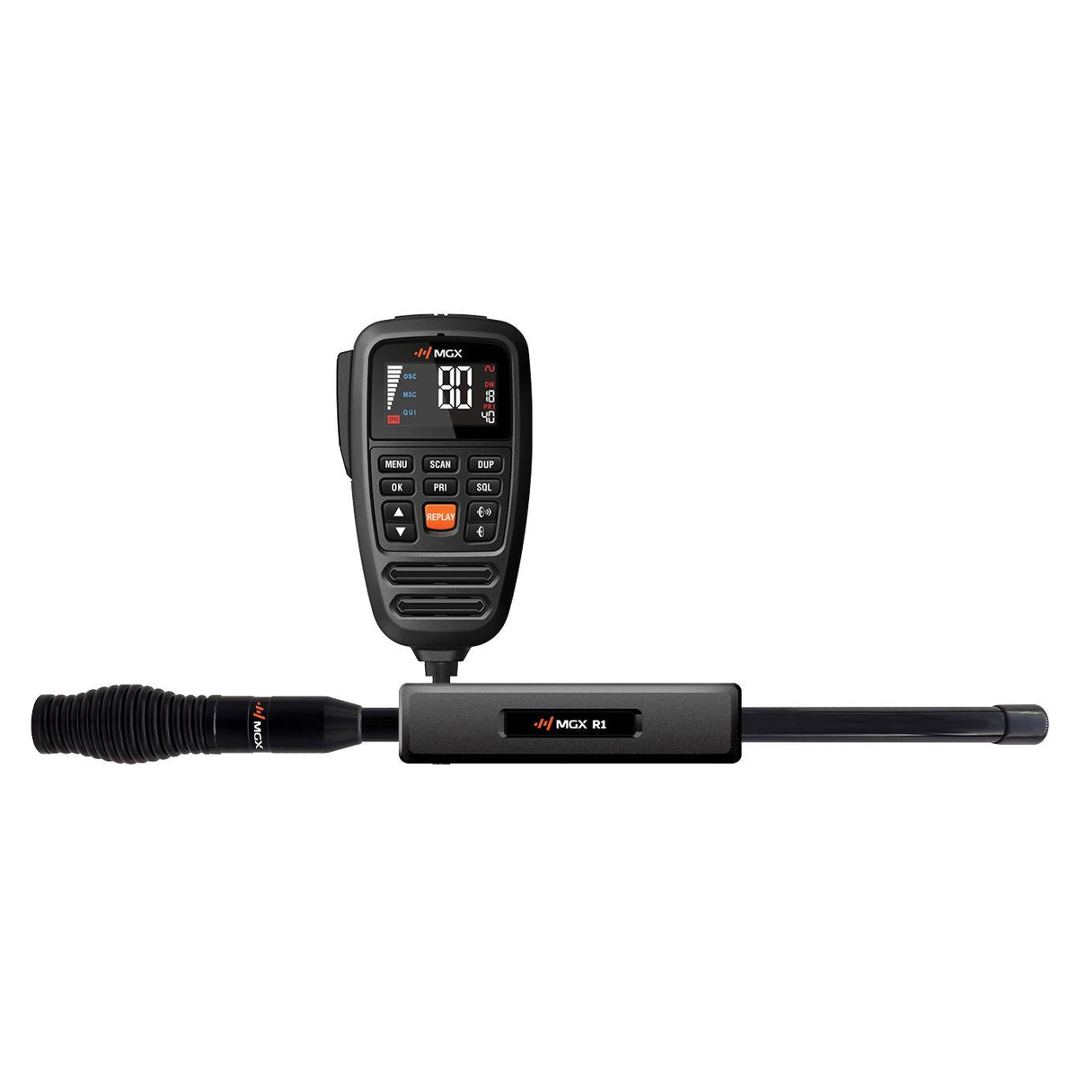Genuine MGX R1 EXP radio and supplied components - product photograph