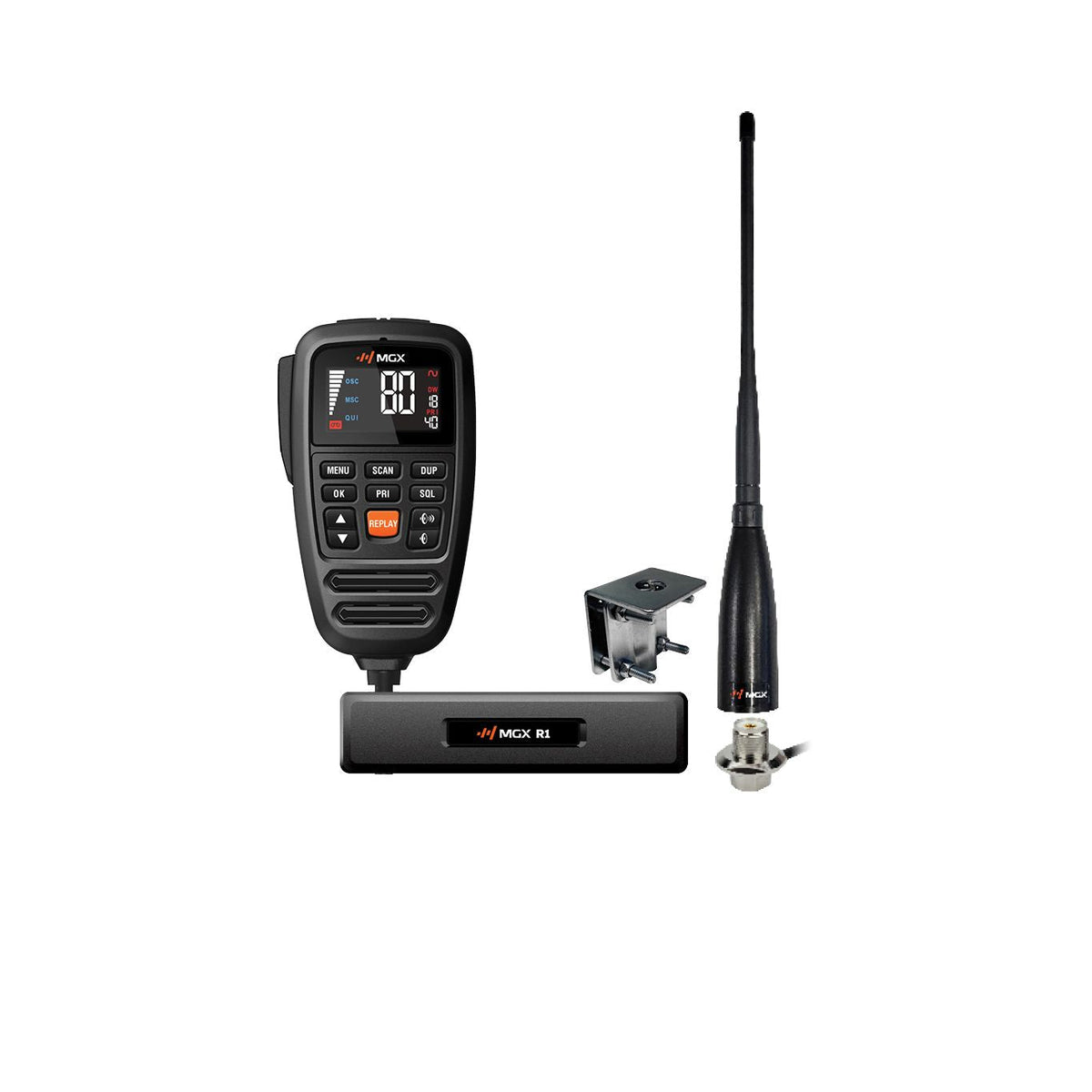 Genuine MGX R1 IND radio and supplied components - product photograph