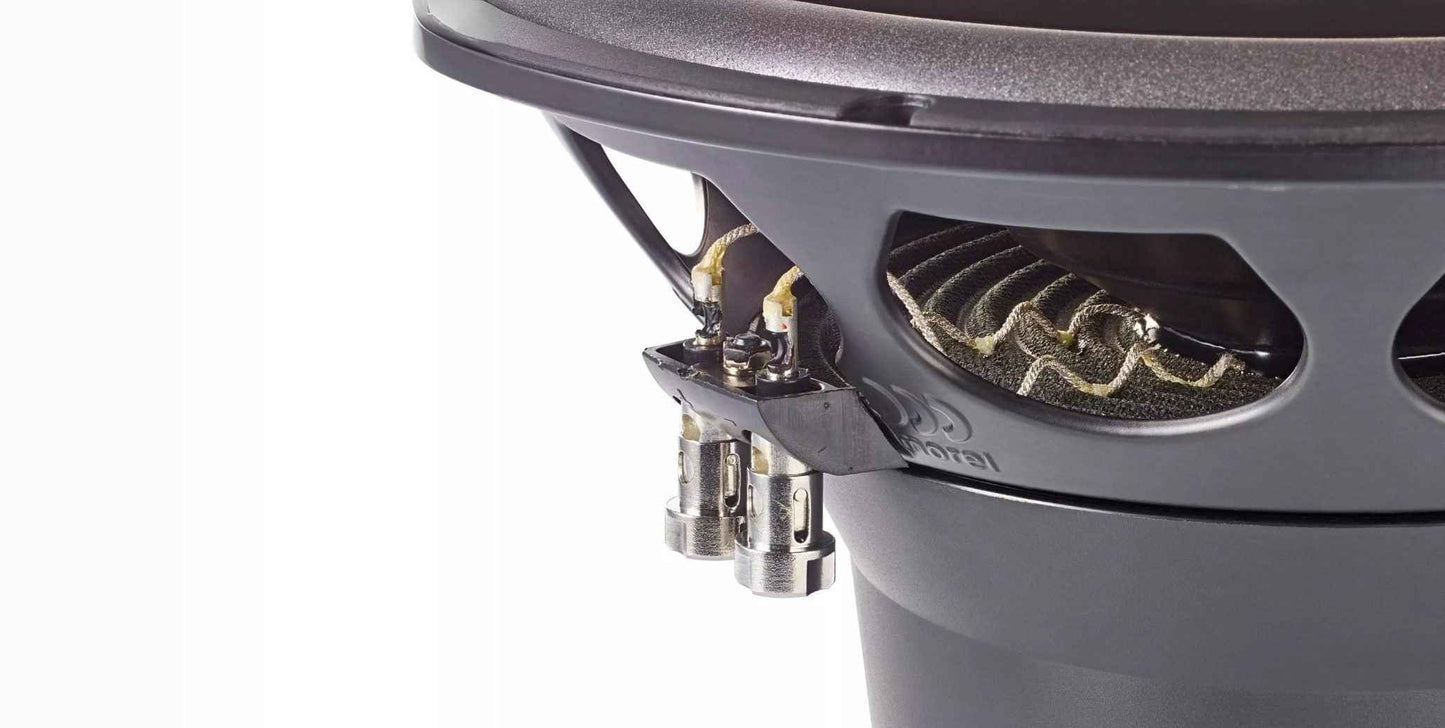 Close-up of Morel Kinetic 12 Inch Subwoofer with detailed view of the voice coil and frame design