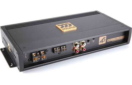 Morel Sub and Amp Pack 2 black amplifier with gold logo and multiple audio input connectors