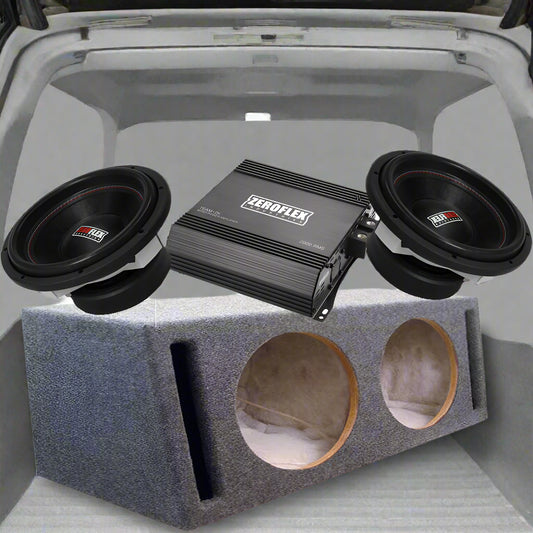 Zeroflex twin 12s bundle dual 12 inch subwoofers with gray ported enclosure and black amplifier in car trunk
